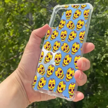 Exporanto Samsung S21 Plus Uyumlu Aynalı Sarı Kuru Kafa Desenli Darbe Kamera Korumalı Silikon Telefon Kılıfı