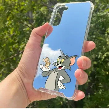 Exporanto Samsung S21 Plus Uyumlu Aynalı Tom ve Jerry Desenli Darbe Kamera Korumalı Silikon Telefon Kılıfı