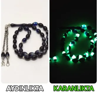 Tesbih Sakarya Kişiye Özel Harfli - Parçalı Fosforlu Kedigözü - Toz Kehribar Tesbih / Tespih