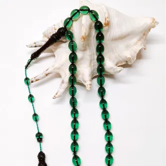 Tesbih Sakarya İmame İşlemeli - Sistem Püsküllü - Toz Kehribar Tesbih - 8.5 mm / 12 mm - Beyzi Kesim - Yeşil/Siyah