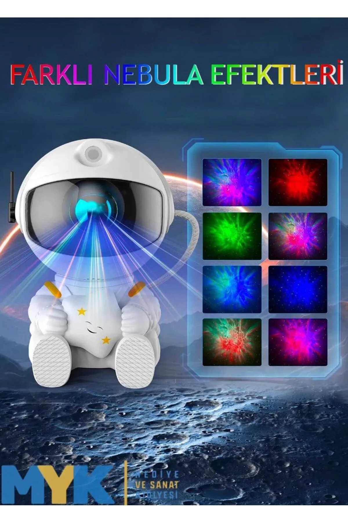 MYK HEDİYE VE SANAT ATÖLYESİ Astronot Projektör Led Işık Lazer Galaxy 360 Yıldız Projeksiyon Aurora Bulutlu Çocuk Gece Lambası görsel 6