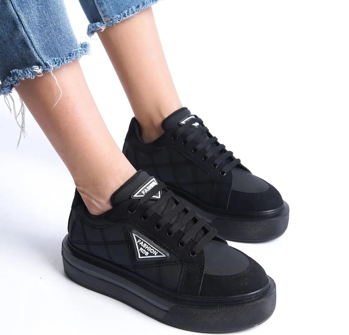 Baybonza PRAG Bağcıklı Ortopedik Taban Desenli Kadın Sneaker Ayakkabı ST Siyah