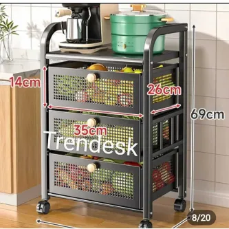 TRENDESK 3 Katlı Metal Siyah Çekmeceli Tekerlekli patates soğan sepeti sebze meyve sepeti sebzelik