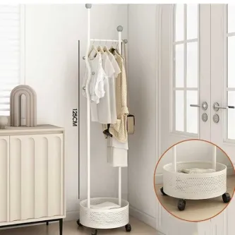 TRENDESK Ayaklı Beyaz Konfeksiyon Askısı Metal Konfeksiyon Elbise Askılığı Sepetli askılıkTekerlekli 125 cm