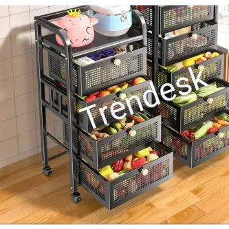TRENDESK 4 Katlı Metal Siyah Çekmeceli Tekerlekli Patates Soğan Sepeti Sebze Meyve Sepeti Sebzelik