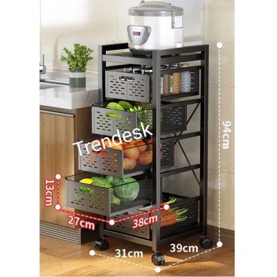 TRENDESK 5 Katlı Metal Siyah Çok Amaçlı Patates Soğan Sebze Meyve Sepeti Sebzelik Tekerlekli