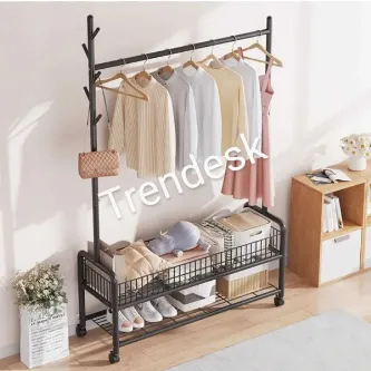 TRENDESK Metal Siyah 2 Raflı Raflı Konfeksiyon Askılığı Ayaklı Elbise Askılığı 176cm