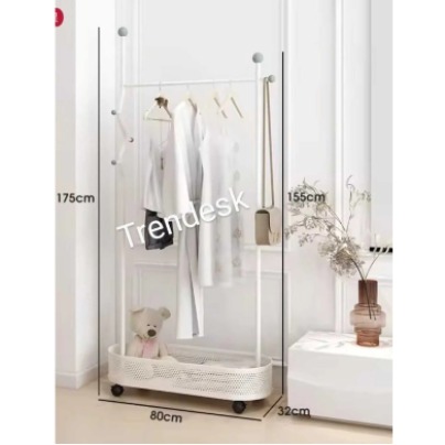 TRENDESK Ayaklı Beyaz Konfeksiyon Askısı Metal Elbise Askılığı Oval Sepetli askılık Tekerlekli 175 cm 6006