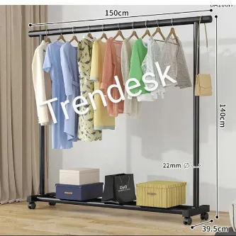 TRENDESK Metal Siyah Konfeksiyon Askısı Ayaklı Askılık Elbise Askılığı Tekerlekli 150*140cm
