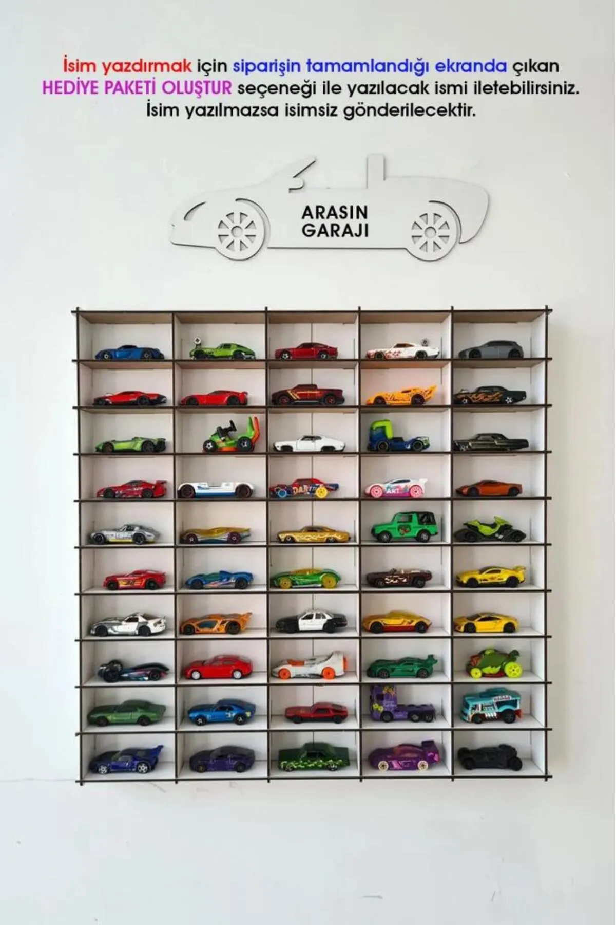 Silay Hediyelik Kişiye Özel Oyuncak Araba Rafı 50'li Beyaz (hotwheels Ve Matcbox Arabaları Için Uygundur)