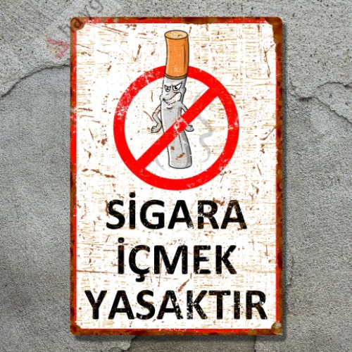 Sinsi Gülüş Karikatürlü Sigara İçmek Yasaktır, Pas Görünümlü Metal Uyarı Levhası 15cm x 22,5cm