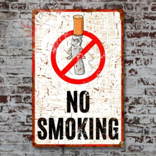 Sinsi Gülüş Karikatürlü No Smoking, Pas Görünümlü Sigara içmek Yasaktır Metal Tabela 20cm x 30cm