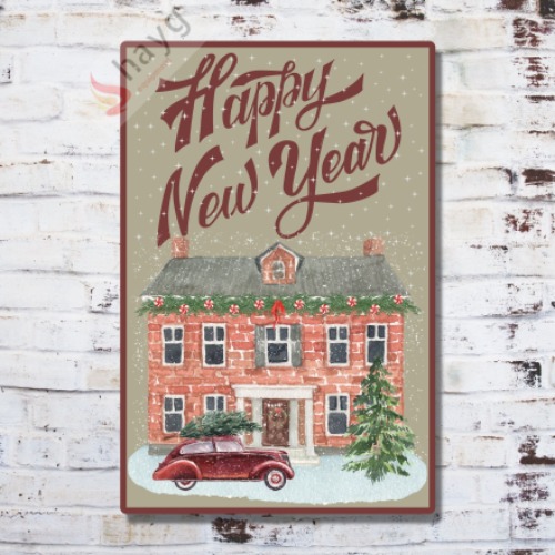 Happy New Year Metal Dekoratif Vintage Levha, Alüminyum Duvar - Kapı Tabelası 15cm x 22,5cm