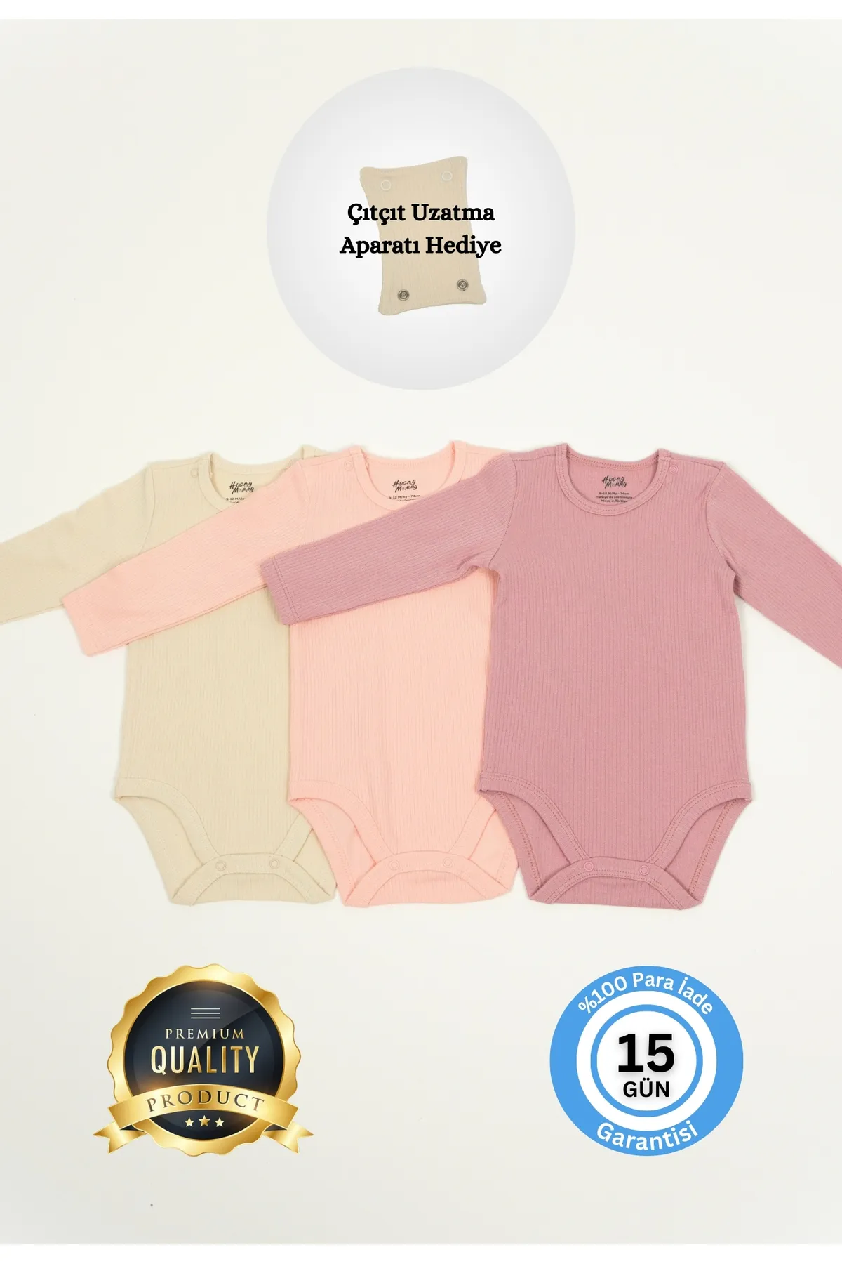 Huggy Mommy Premium Fitilli Kumaş %100 Organik Pamuk Kız Bebek Uzun Kol Body Zıbın Çıtçıtlı Badi Set -Hediyeli