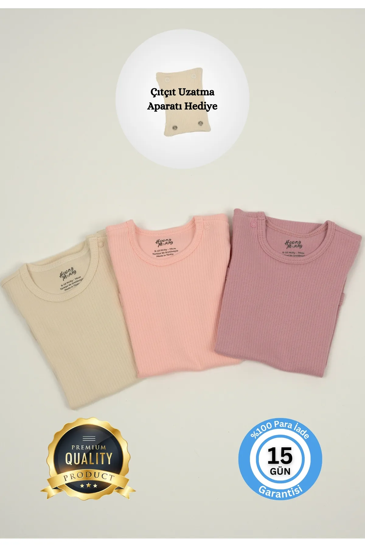 Huggy Mommy Premium Fitilli Kumaş %100 Organik Pamuk Kız Bebek Uzun Kol Body Zıbın Çıtçıtlı Badi Set -Hediyeli görsel 3