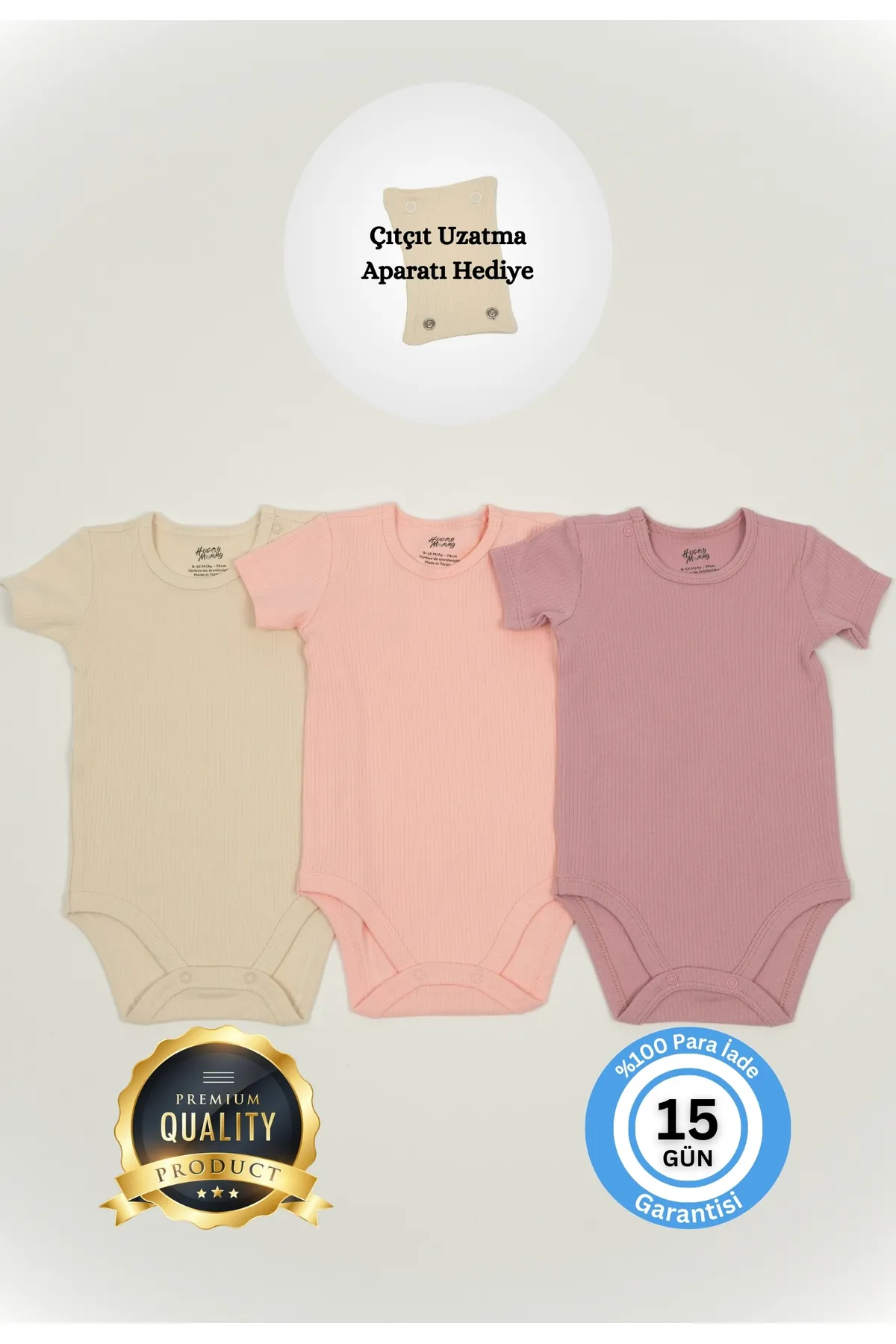 Huggy Mommy Premium Fitilli Kumaş %100 Organik Pamuk Kız Bebek Kısa Kol Body Zıbın Çıtçıtlı Badi 3'lü Set Hedye