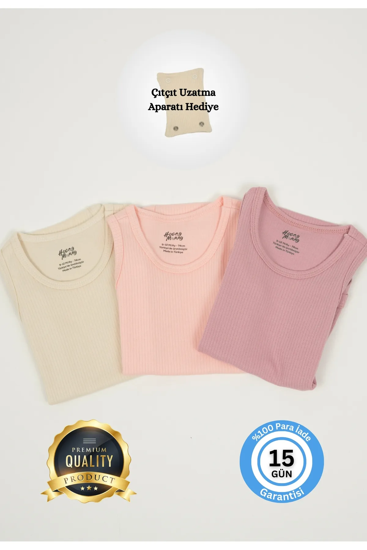 Huggy Mommy Premium Fitilli Kumaş %100 Organik Pamuk Kız Bebek Atlet Body Zıbın Çıtçıtlı Badi Set Uzatma Hediye görsel 3