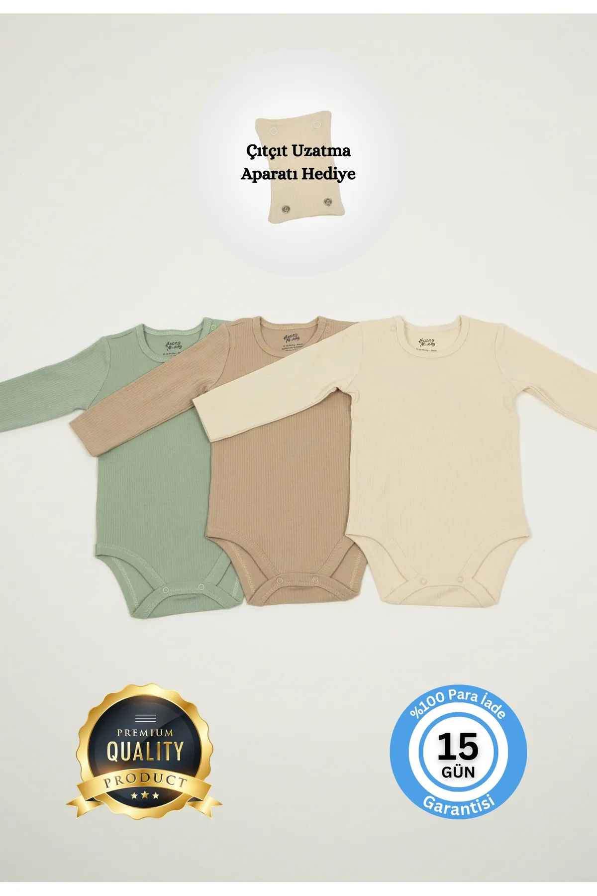 Huggy Mommy Premium Fitilli Kumaş %100 Organik Pamuk Erkek Bebek Uzun Kol Body Zıbın Çıtçıtlı Badi Set -Hediyeli