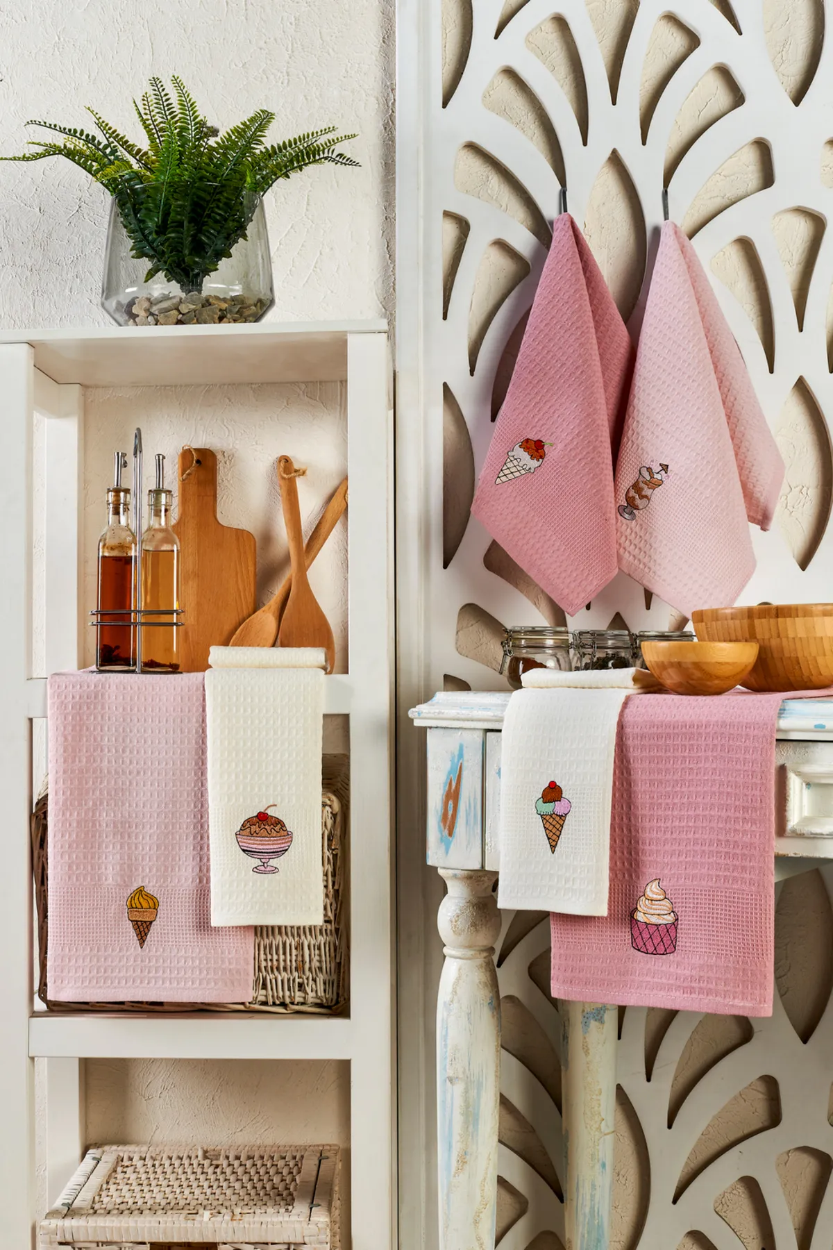 Roko Villa 6'lı Set  Mutfak Kurulama Havlusu PEMBE-KREM-PUDRA