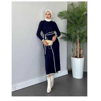 SEWGO Kadın Bağlamalı Triko Elbise 026 - Lacivert