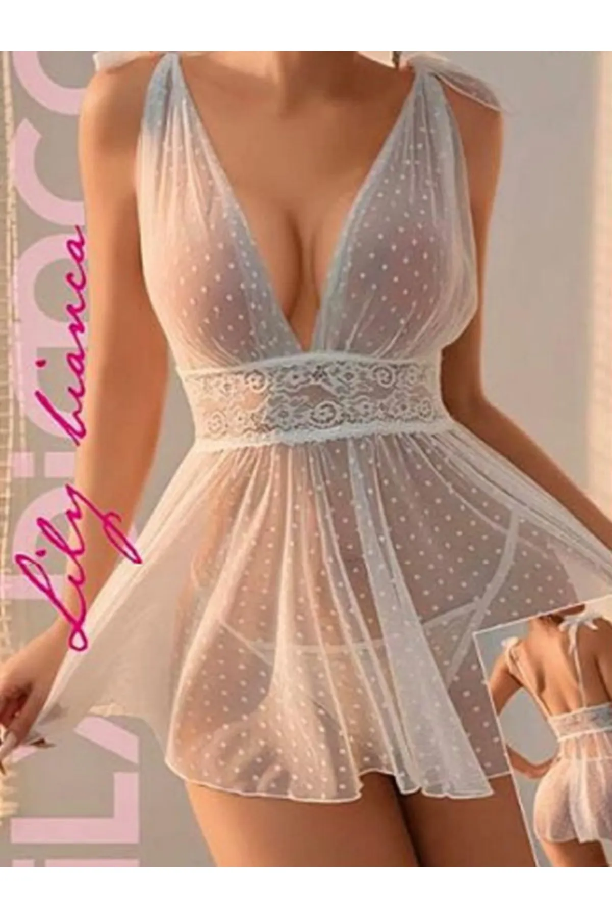 Gecelik Kadın Puantiyeli Şık Seksi Gösterişli Dekolteli