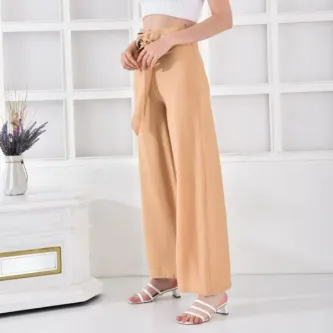 Modkofoni Halkalı Bol Paça Bağcıklı Camel Keten Kadın Pantolon