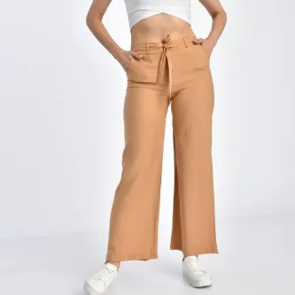Modkofoni Belden Lastikli Kuşaklı Bol Paça Camel Keten Kadın Pantolon