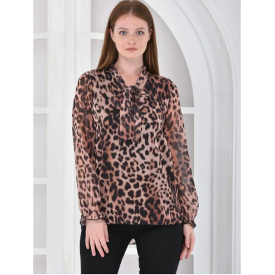 Modkofoni Leopar Desenli Astarlı Kahverengi Tül Kadın Bluz