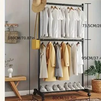 TRENDESK DESIGN Metal Siyah Çift Askılı Elbise  Konfeksiyon Askılık Tekerlekli 1041-CN