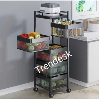 TRENDESK DESIGN 5 Katlı Metal Siyah Patates Soğan Sebze Meyve Sepeti Sebzelik Tekerlekli 1016-CN