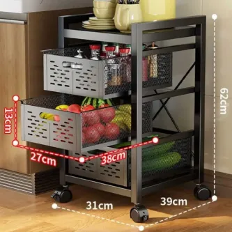 TRENDESK DESIGN 3 Katlı Lux Metal Siyah Çekmeceli Patates Soğan Sebze Meyve Sepeti Sebzelik 1010-CN