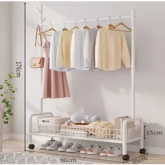 TRENDESK DESIGN Metal Beyaz Sepetli Konfeksiyon Elbise Askılığı Elbise Gardırop 1033-CN
