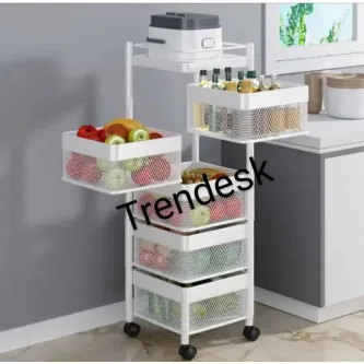 TRENDESK DESIGN 5 Katlı Metal Beyaz Patates Soğan Sebze Meyve Sepeti Sebzelik Tekerlekli 1017-CN