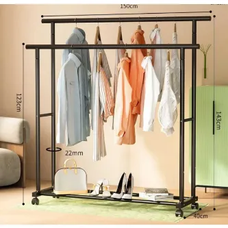 TRENDESK DESIGN 2 Katlı Düz Metal Siyah Elbise Konfeksiyon Askısı Tekerlekli 1037-CN