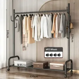TRENDESK DESIGN Metal Siyah Portmanto Konfeksiyon Askısı Ayaklı Askılık Elbise Askılığı Tekerlekli 154*150 Cm 1062
