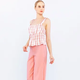 AYM BUTİK Bele Oturan Ekose Askılı Bluz Pembe