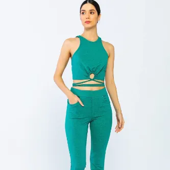 AYM BUTİK Halter Yaka Bağlamalı Örme Bluz Yeşil