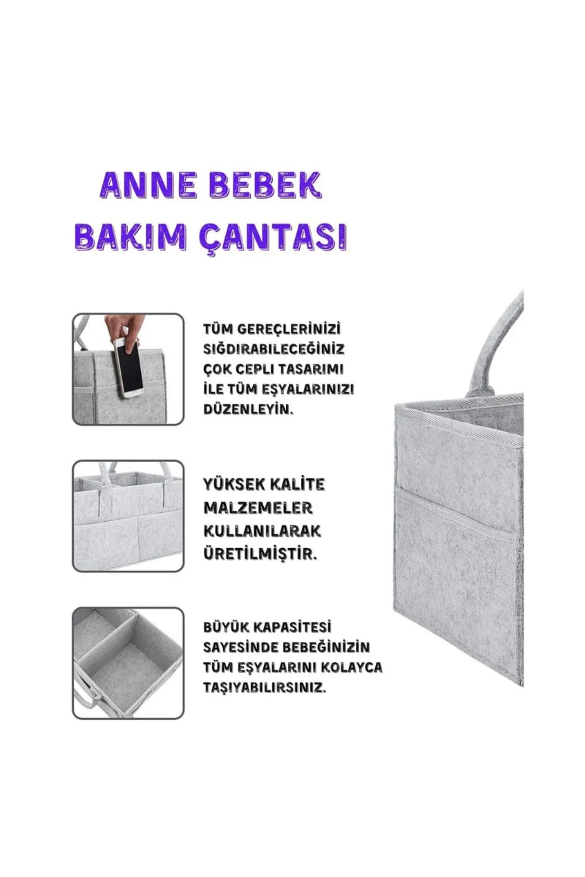 Huggy Mommy Pratik Keçe Düzenleyici Organizer Anne Bebek Bakım Çantası Hafif Şık Alt Açma Yanı Günlük Kullanım görsel 2
