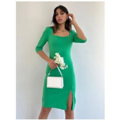 GButik's Kare Yaka Yan Yırtmaç Elbise Yeşil