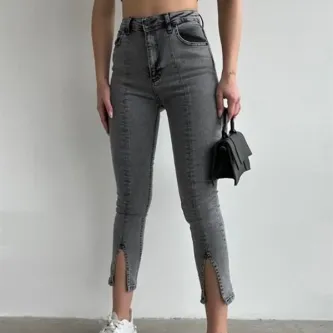 GButik's Paça Yırtmaç Likralı Yıkama Skinny Jean Füme Yıkama