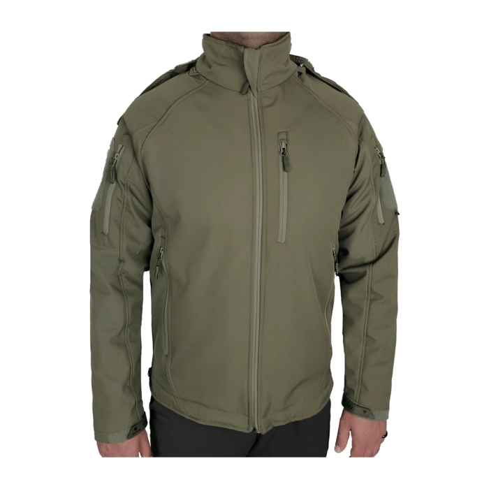 sedef yesili renkli 5 cepli uzun kollu soguk gecirmez softshell kapusonlu taktik mont