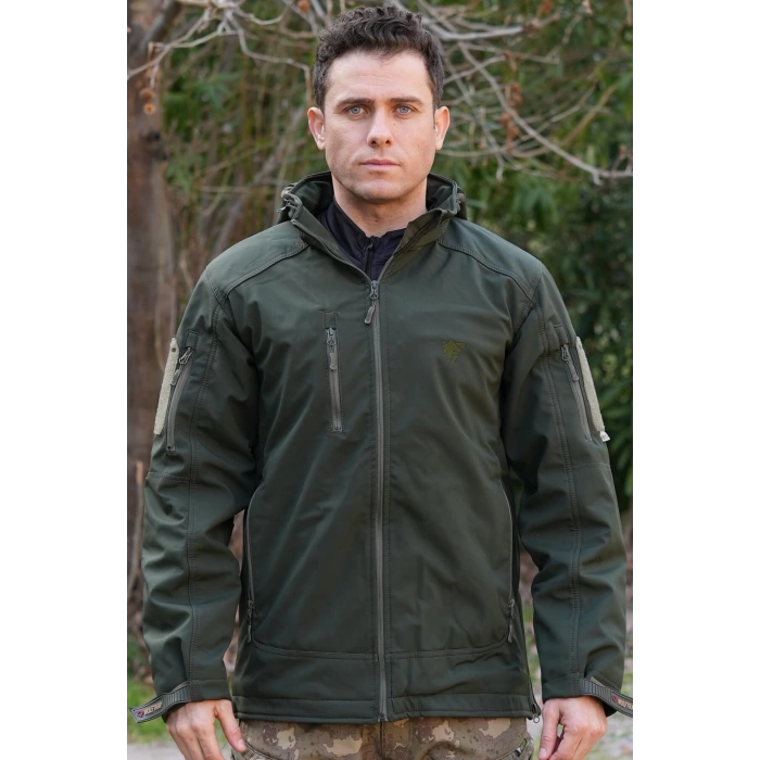 haki renkli 5 cepli uzun kollu kapusonlu soguk gecirmez softshell taktik mont