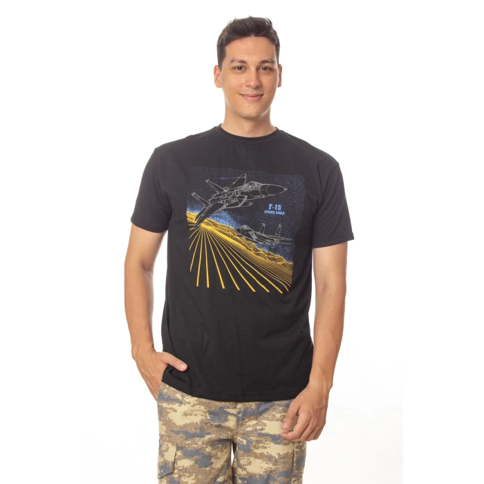 hava kuvvetleri siyah renkli kisa kollu yuvarlak yaka pamuklu f 16 fighting falcon tisort