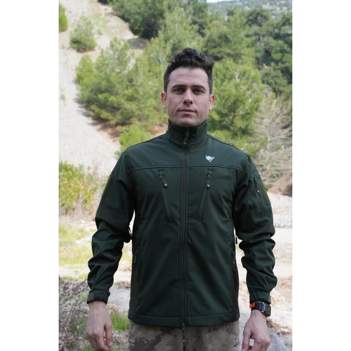 haki renkli 7 cepli uzun kollu soguk gecirmez softshell outdoor taktik mont