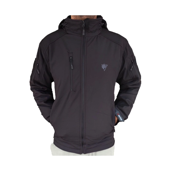 siyah renkli 5 cepli uzun kollu kapusonlu soguk gecirmez softshell taktik mont