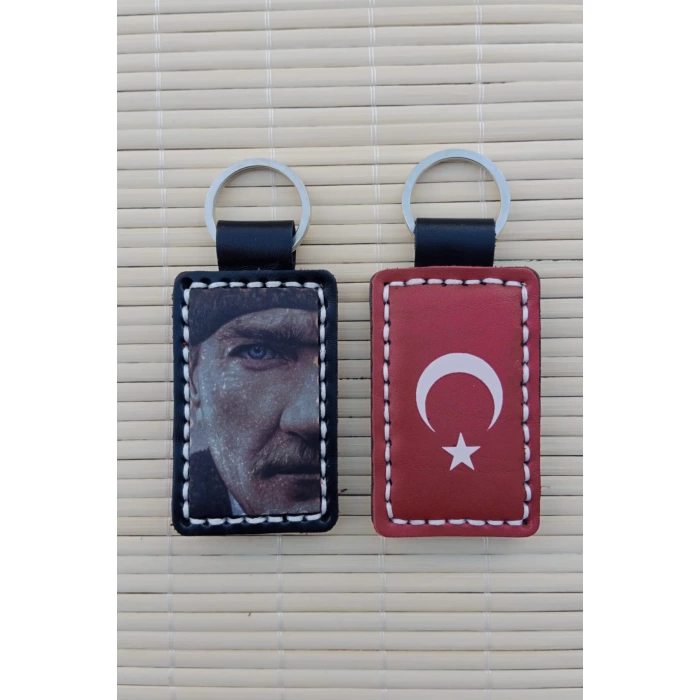 1 adet ozel uretim Ataturk Siluetli Ayyildiz Hakiki Deri Hediyelik Anahtarlik