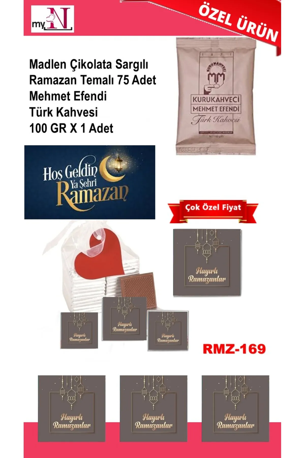Madlen Çikolata Sargılı Ramazan Temalı 75 Adet - Mehmet Efendi Türk Kahvesi 100 GR X 1 Adet