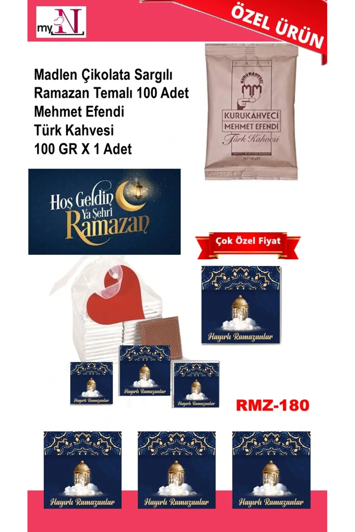 Madlen Çikolata Sargılı Ramazan Temalı 100 Adet - Mehmet Efendi Türk Kahvesi 100 GR X 1 Adet