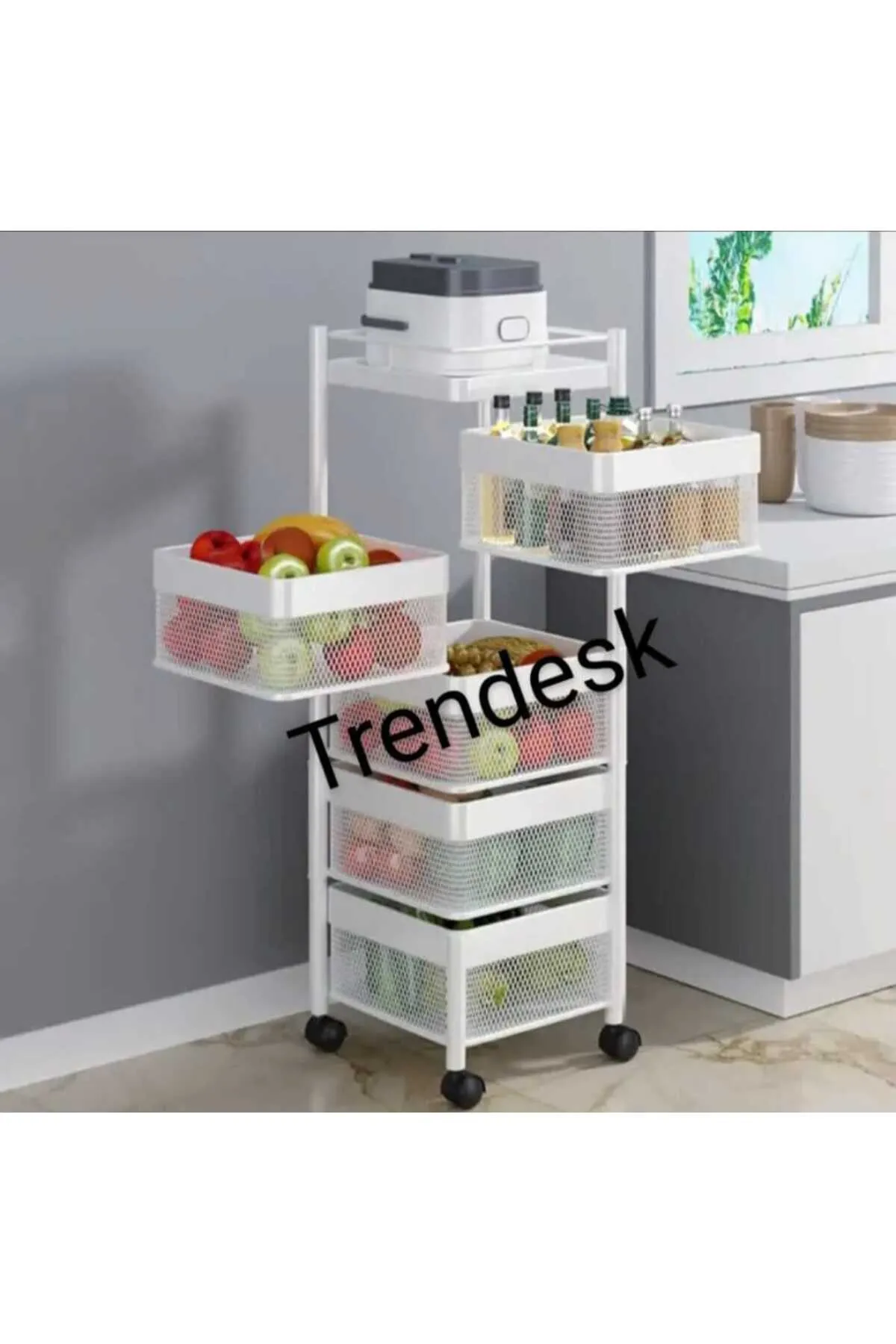 TRENDESK 5 Katlı Metal Beyaz Patates Soğan Sebze Meyve Sepeti Sebzelik Tekerlekli 1017-CN