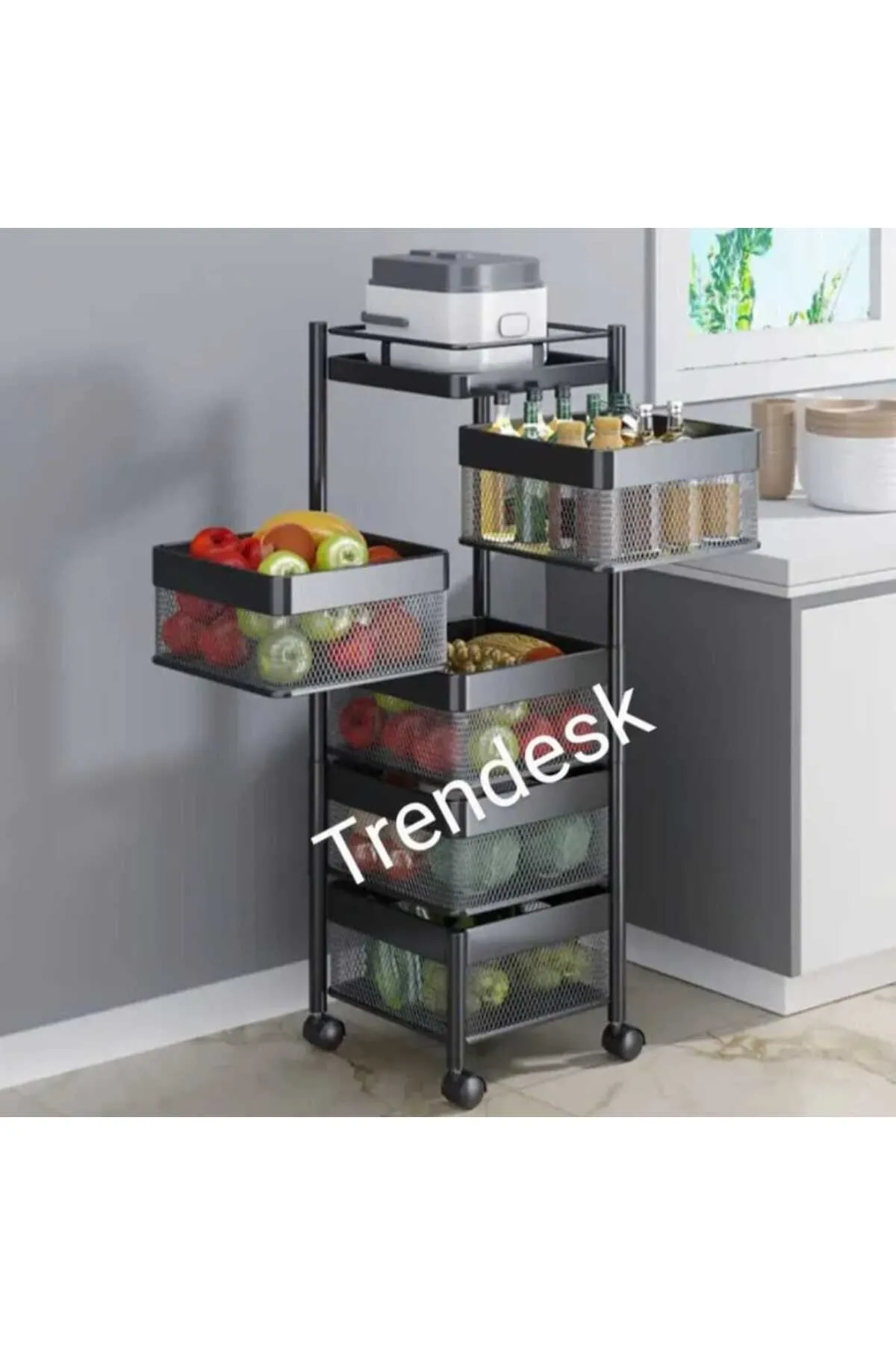 TRENDESK 5 Katlı Metal Siyah Patates Soğan Sebze Meyve Sepeti Sebzelik Tekerlekli 1016-CN